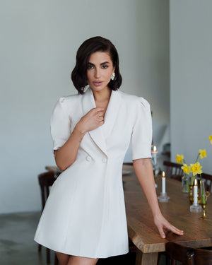 Claire Dress in white, back view on interior setting