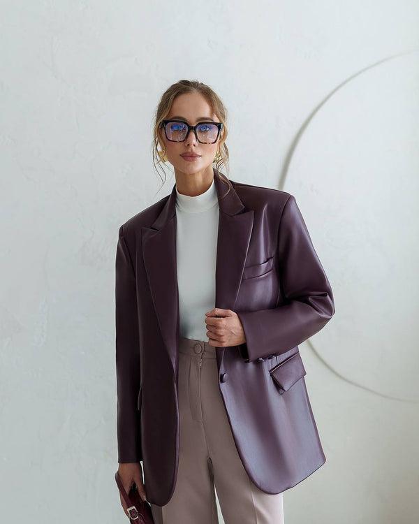 Model in burgundy Morena Pants showing tailored front view
