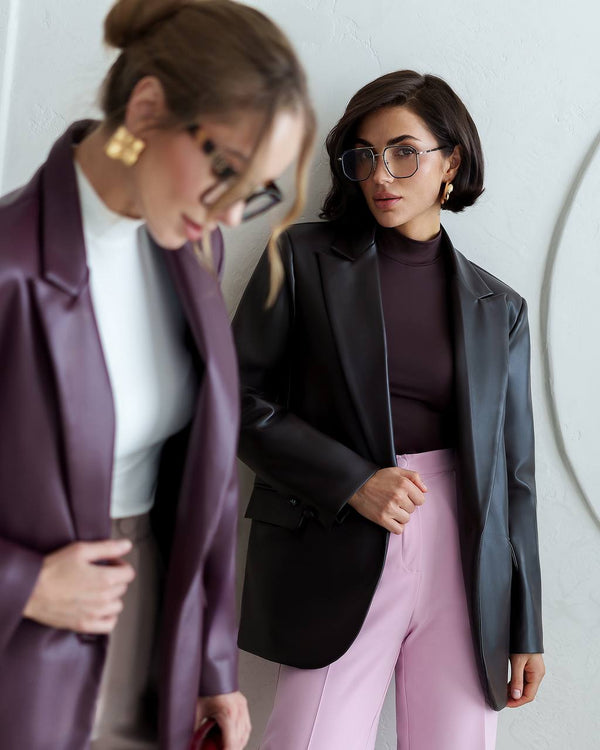 Two models in coordinating Morena Pants and blazer looks together