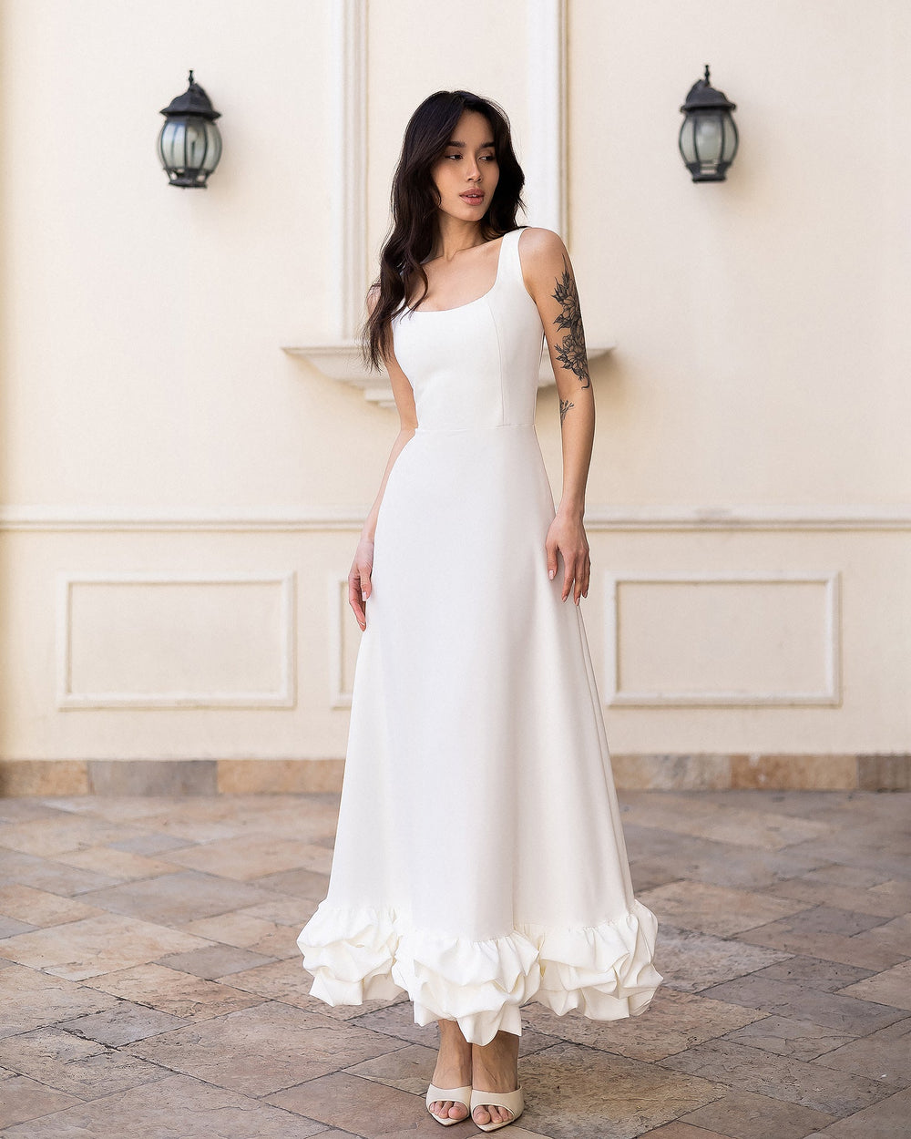 Esmiora Dress in white, image 7 showing ruffled midi design