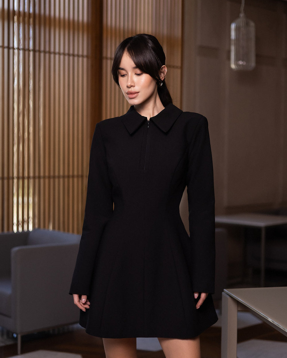 Caelith Dress in chocolate mini with collar, side view showing volume