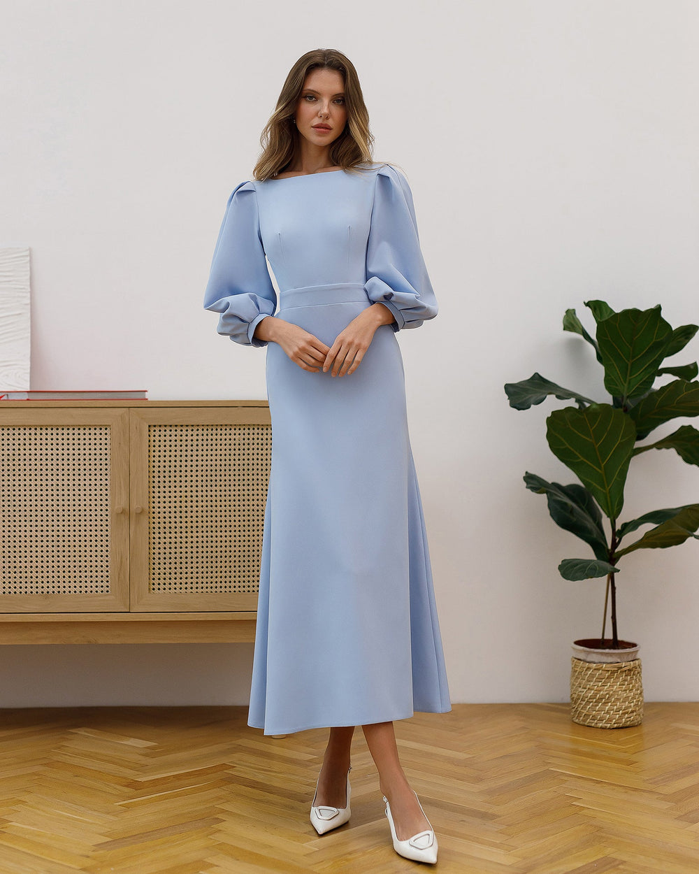 Eloise Dress in sky blue, A-line silhouette, front view