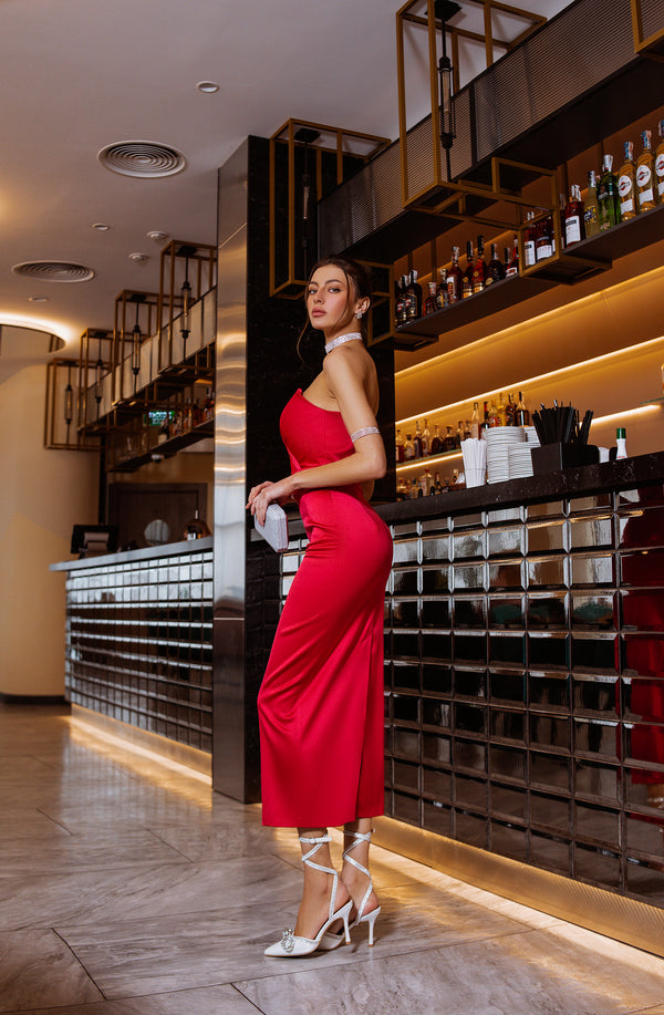 Avelisse Strapless Satin Midi Dress
