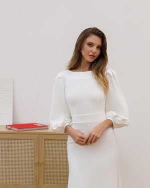 Eloise Dress in white, A-line shape, outdoor setting
