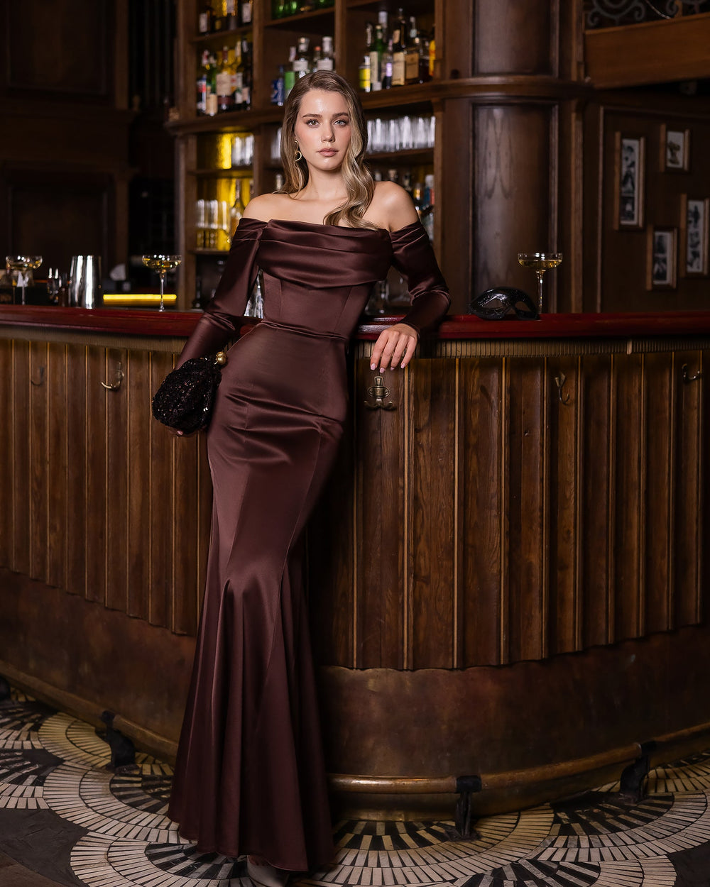 Luneria Gown chocolate brown, off-shoulder front view