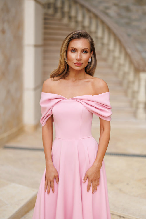 Elvoria Dress in pink, front standing, midi length