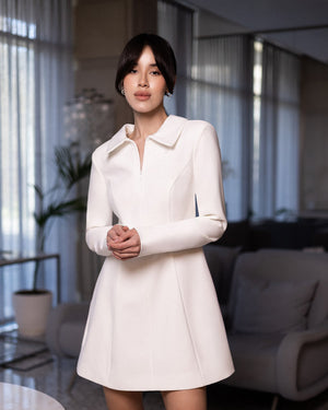 Caelith Dress in white, back close-up of collar detail