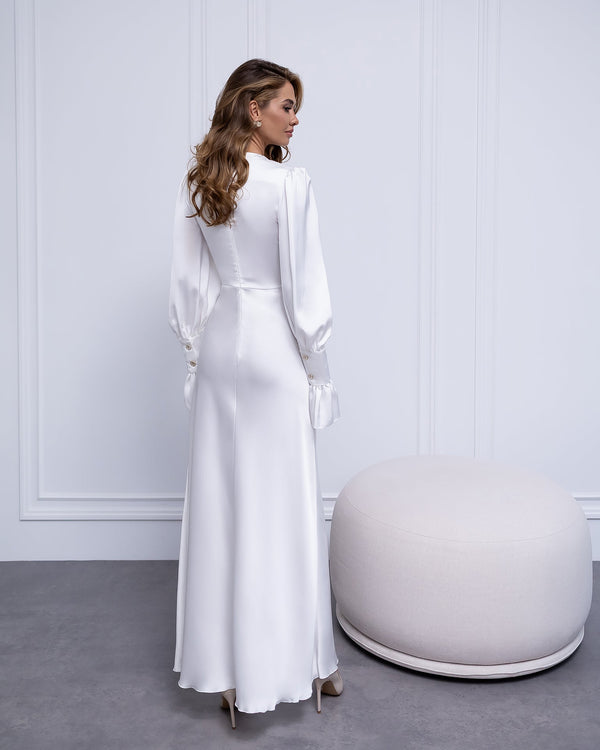 Elviana Dress in light chocolate, front standing, formal