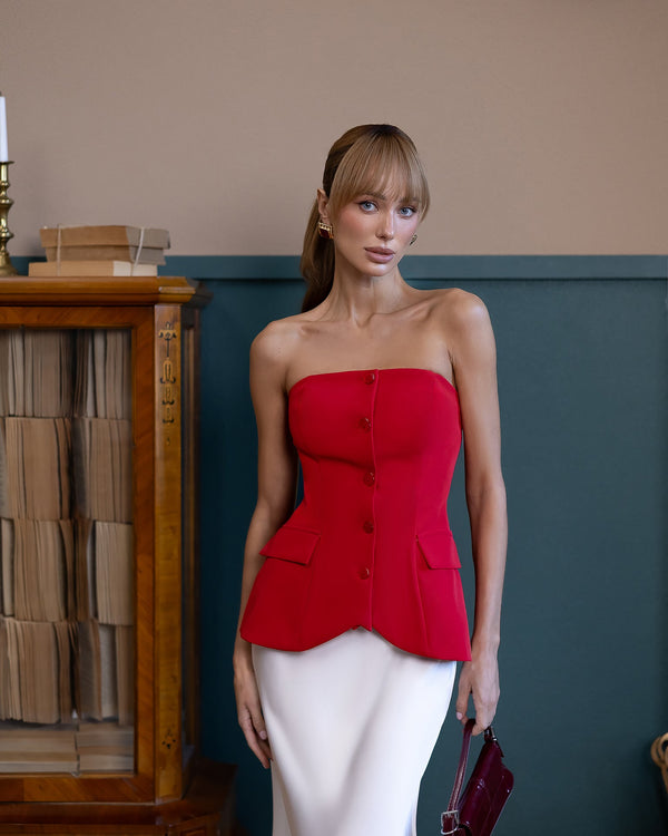 Evania Bustier Top in red, image 1 showing strapless corset design