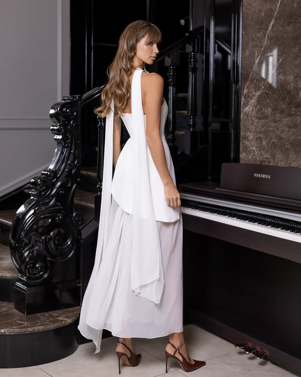 Annabelle Dress in white, front view with dramatic cape