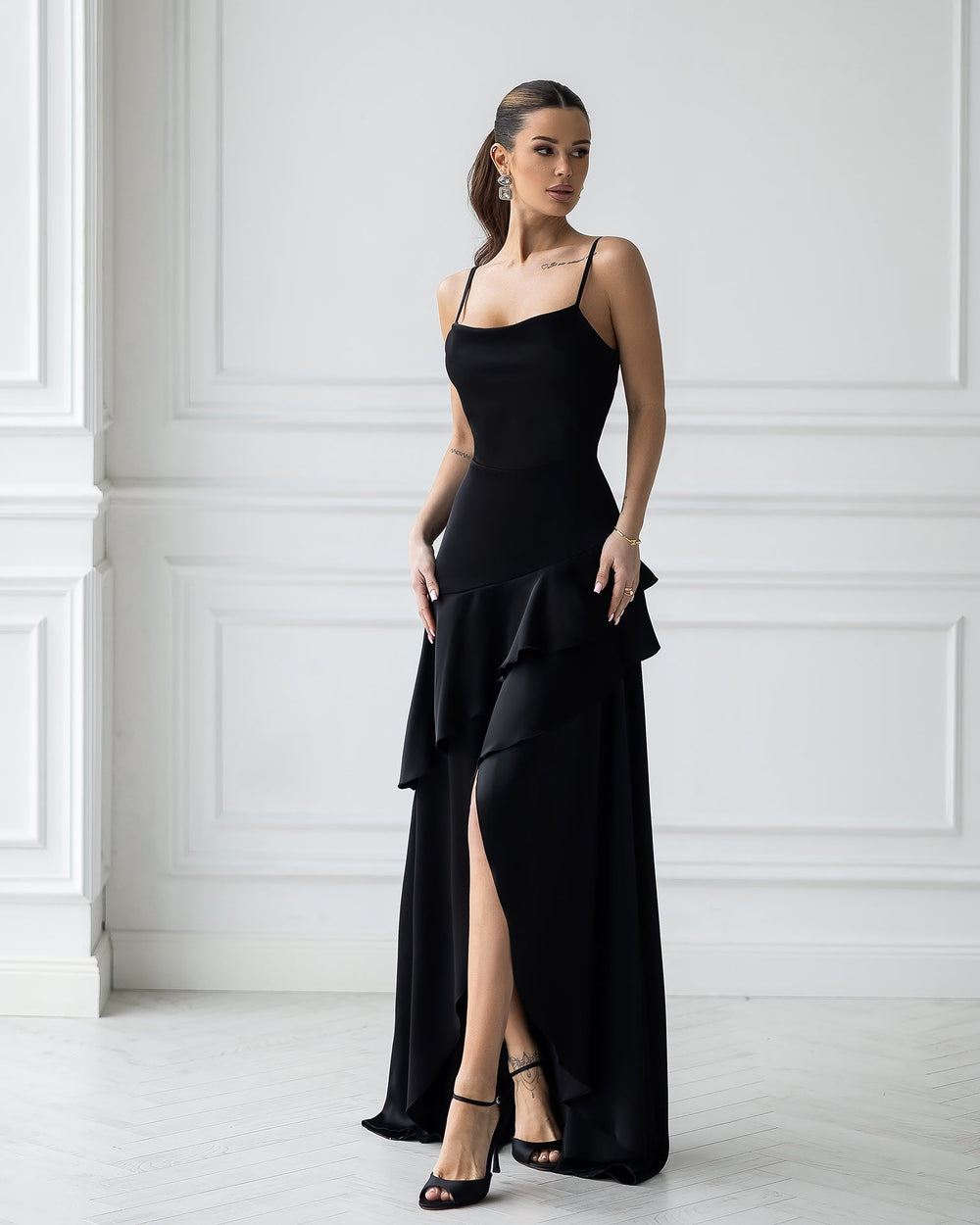 Orselia Dress in chocolate brown, front view outdoors