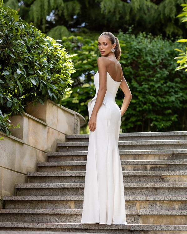 Caldoria Dress in black strapless mermaid, front view of gown