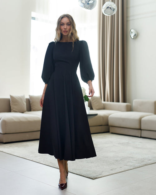 Valerie Midi black puff sleeves A-line outdoor