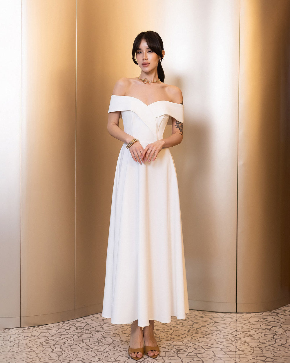 Calyra Dress in black off-shoulder midi, front view
