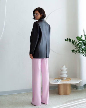 Model in blue Morena Pants displaying relaxed tailored styling