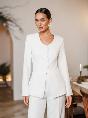Solenne Suit in white, full-length profile