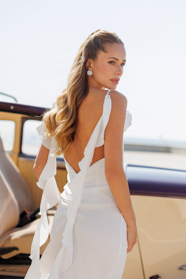 Evelin's Dress in white, image 18 with open-back satin design