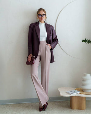 Model in brown Morena Pants showing vintage-inspired styling