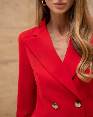 Elviera Blazer in red, front standing, tailored silhouette