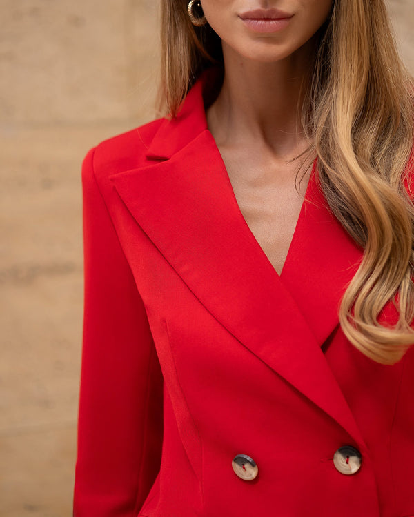 Elviera Blazer in red, front standing, tailored silhouette