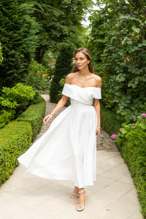 Bellora Dress in white, back view showing elegant shoulder and neckline