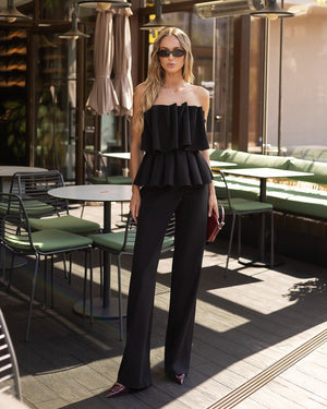 Dahlia Pants in black, front view showing overlay design