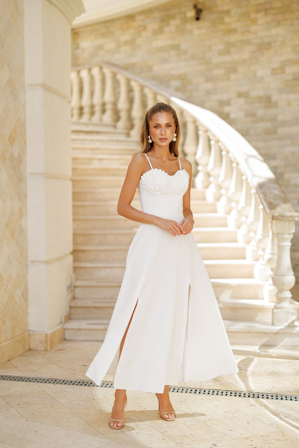 Arlisse Dress in white, full-length front view elegant