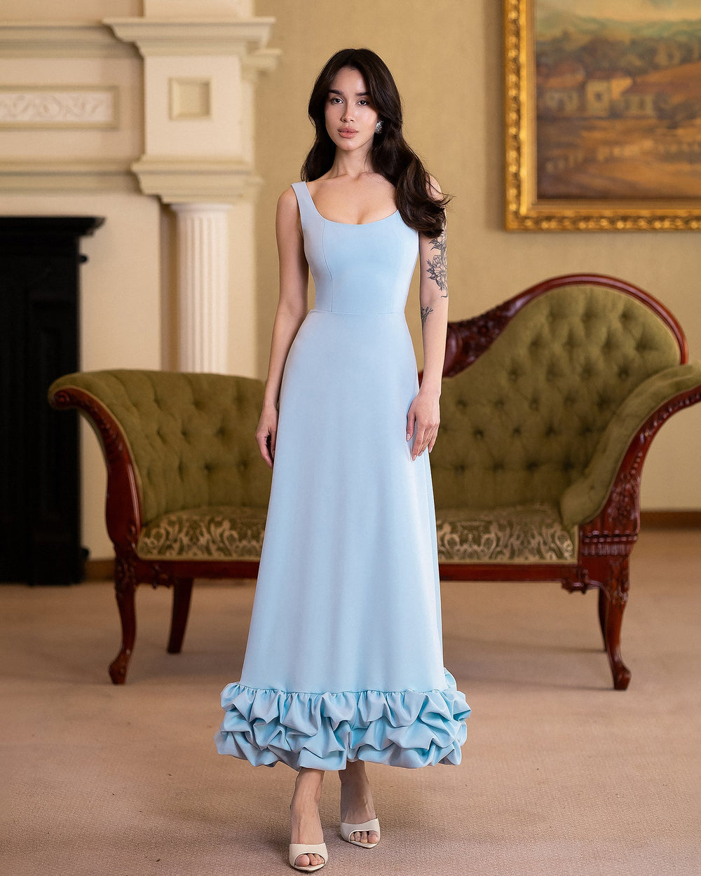 Esmiora Dress in sky blue, image 9 showing ruffled midi design