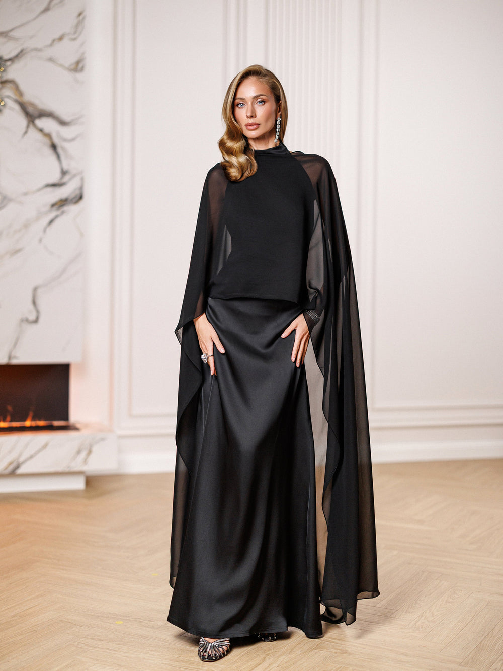 Black Lioréa Dress with cape detail floor-length