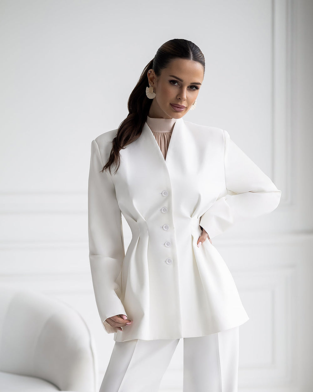 White Montrel Suit front view displaying refined tailored proportions