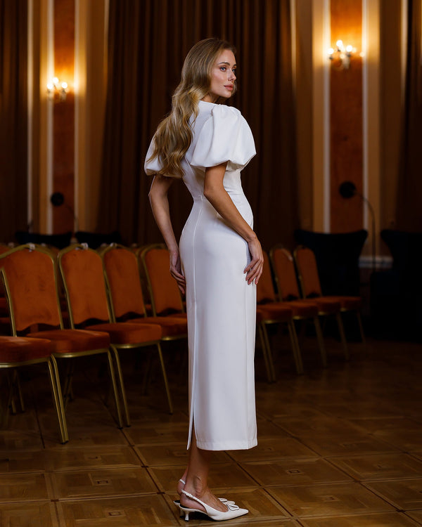 Mirella Midi Dress white, full-length front seated pose