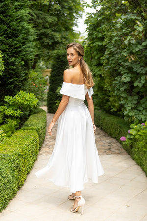 Bellora Dress in white, back three-quarter view of midi dress