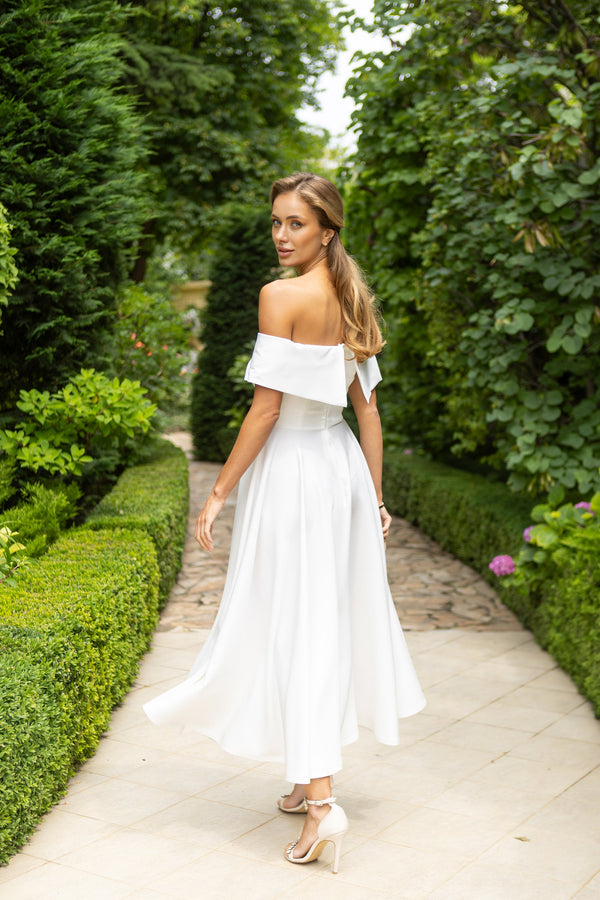 Bellora Dress in white, back three-quarter view of midi dress