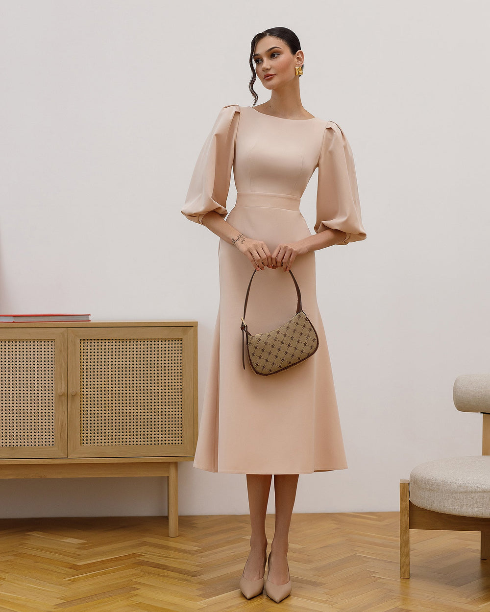 Eloise Dress in beige, full-length, back view