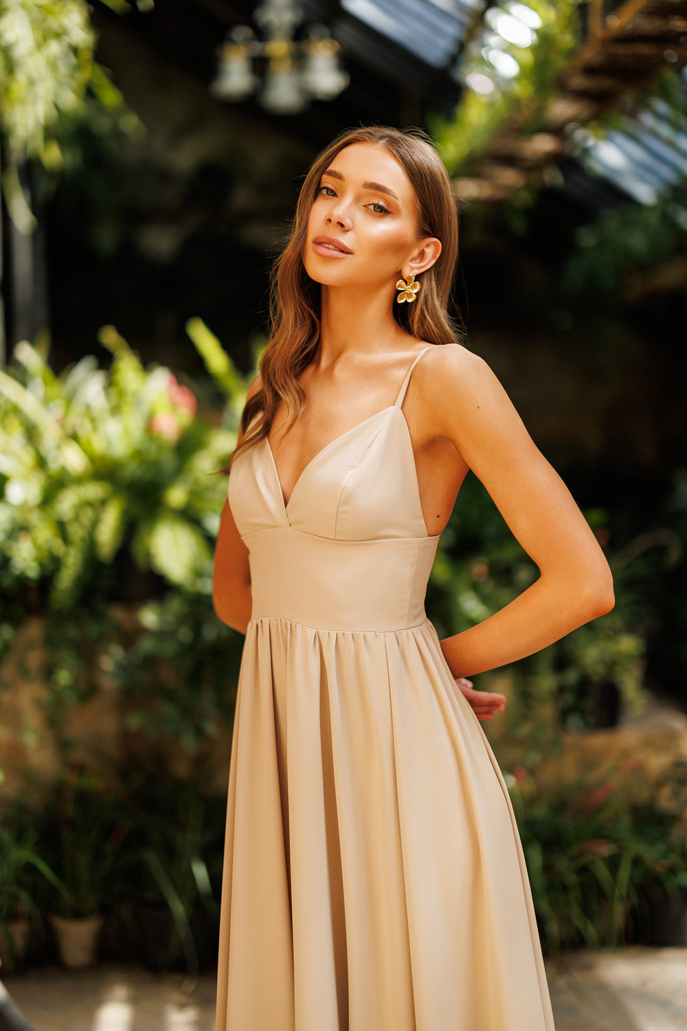Serina Dress in yellow, garden setting outdoor