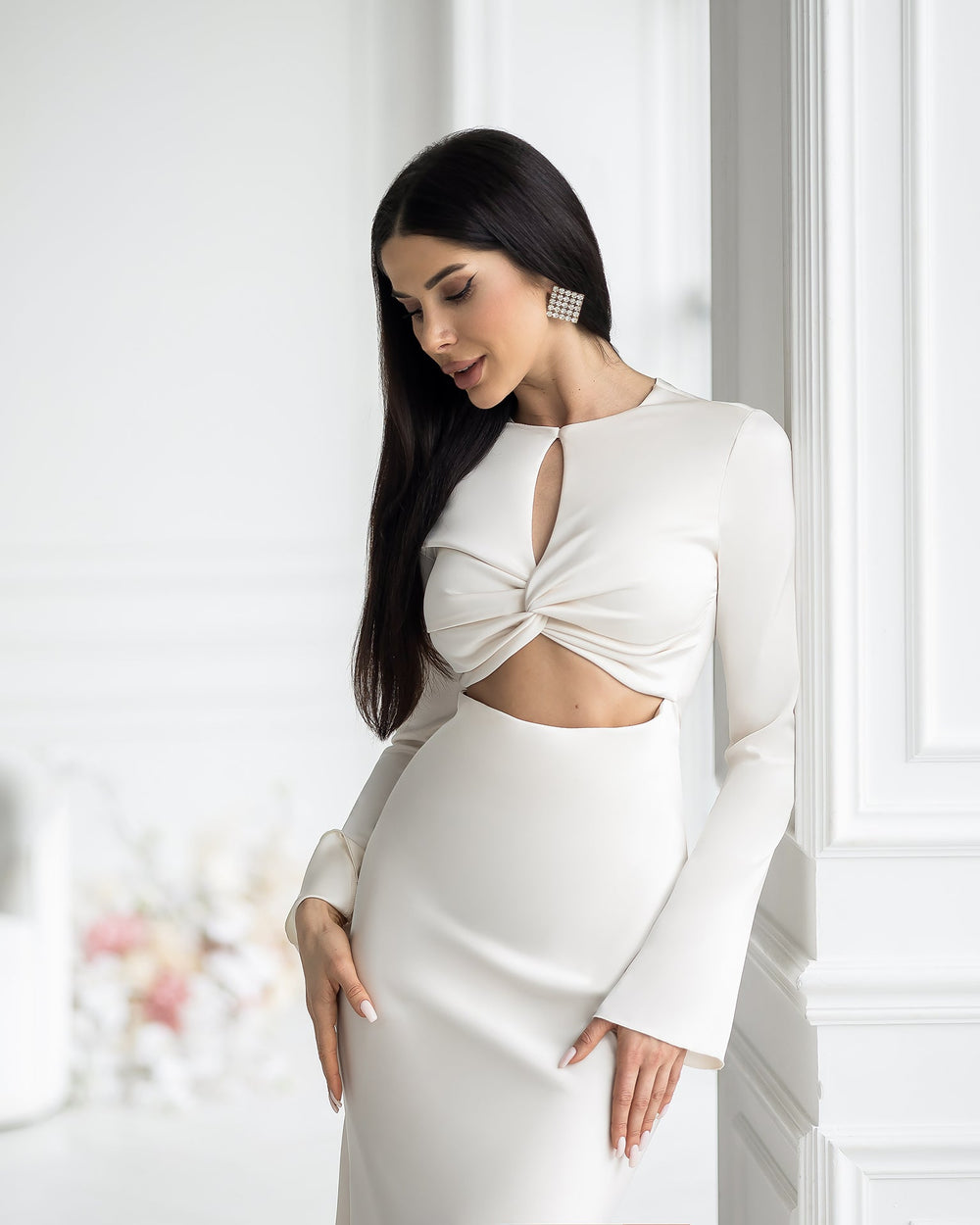 Meridelle Dress white, full-length front seated pose