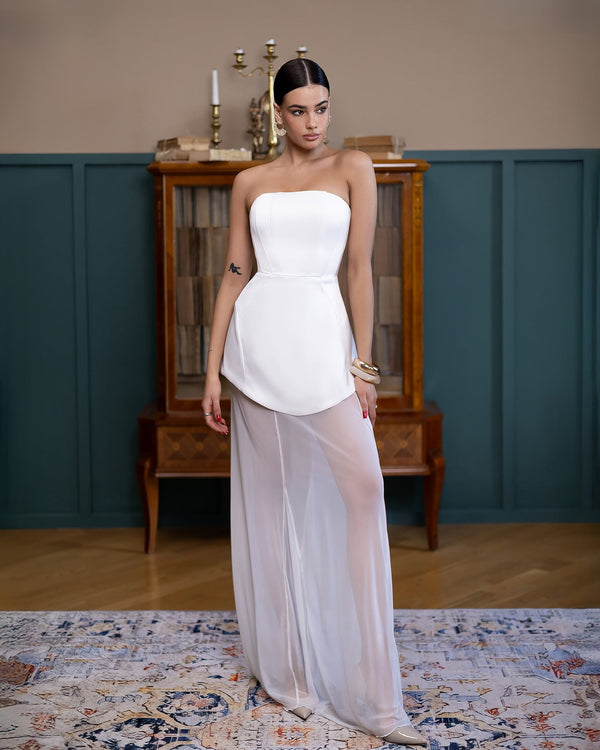 White Moonlight two-piece set on model showing full A-line tulle skirt