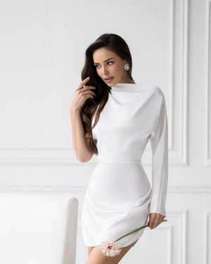 Orvelia Dress in white, close-up of draped neckline detail