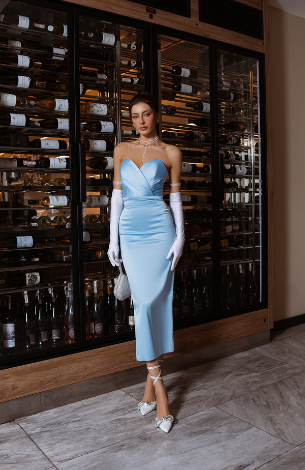 Avelisse Strapless Satin Midi Dress