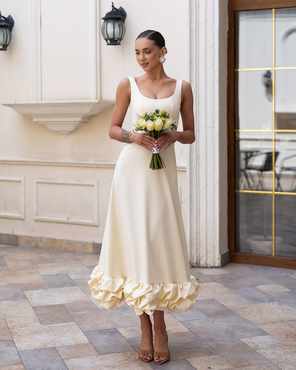 Esmiora Dress in white, image 3 showing ruffled midi design
