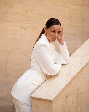 Carvella Suit in white, front angle of complete suit