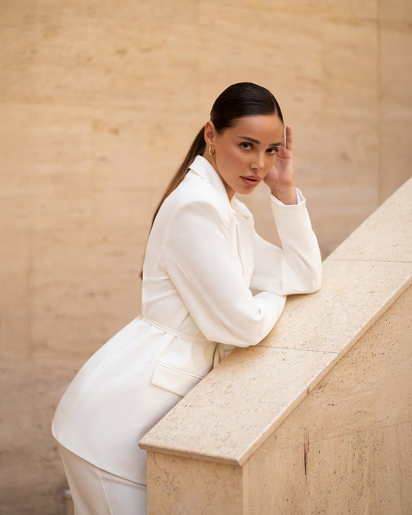 Carvella Suit in white, front angle of complete suit