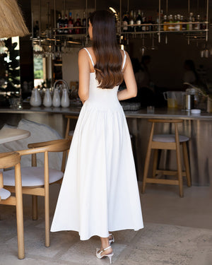 Odette Midi Dress in white, outdoor terrace full-length view