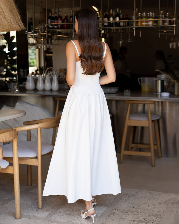 Odette Midi Dress in white, outdoor terrace full-length view