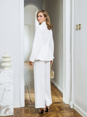 Caldris Suit in white, back view of straight-leg trousers