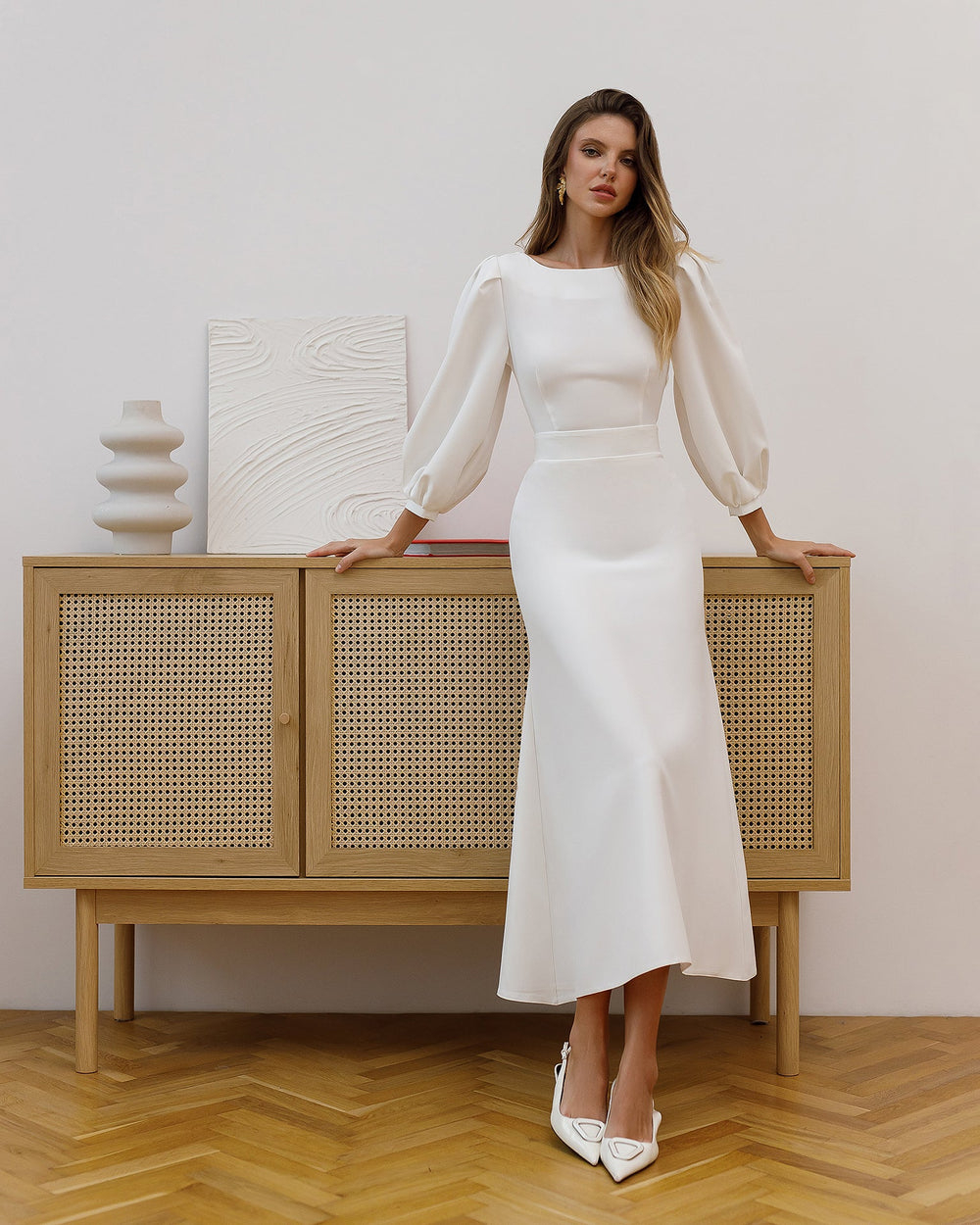 Eloise Dress in white, full-length, outdoor setting