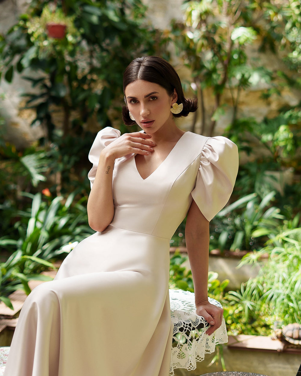Arabella Dress in white, back view of flowing circle