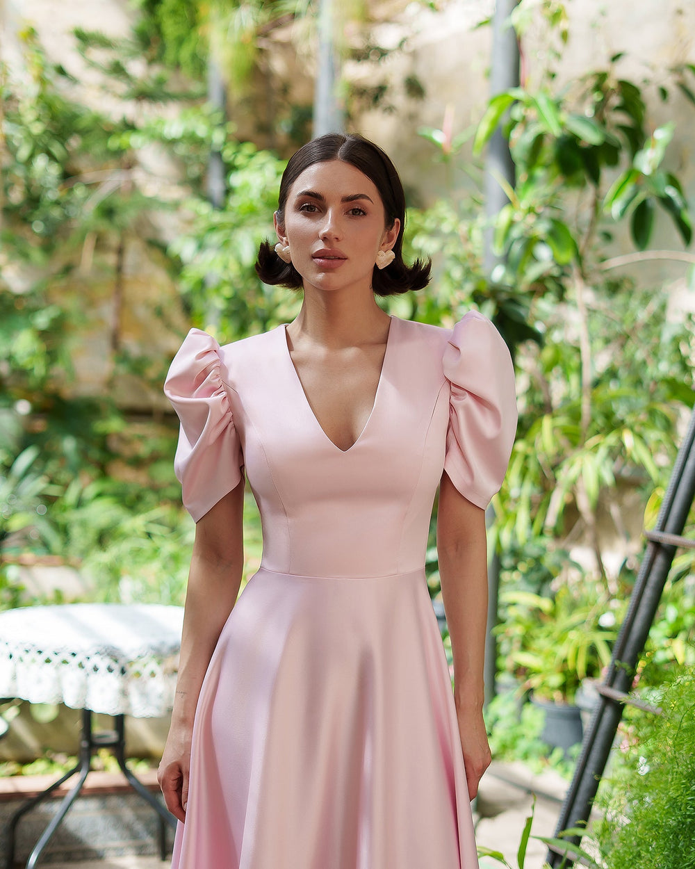 Arabella Dress in pink powder, front view showing detail