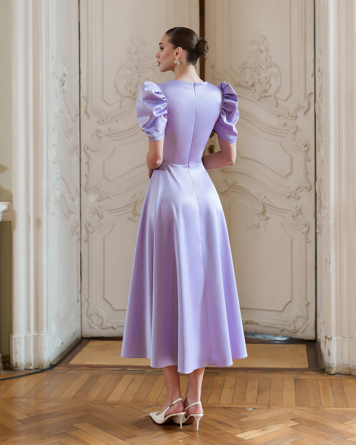 Rochie Arabella cu decolteu în V și mâneci bufante, Lavender, fotografia 4