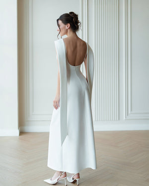 Athena Cape Gown milk white, back view revealing open detail